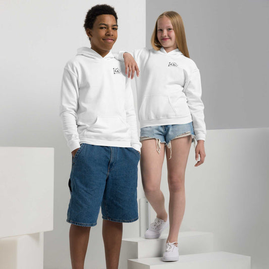 A Warrior | Youth Hoodie, white pullover fleece with front pouch pockets, ribbed cuffs and small chest logo